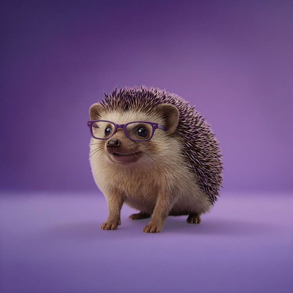 hedgehog wearing purple glasses