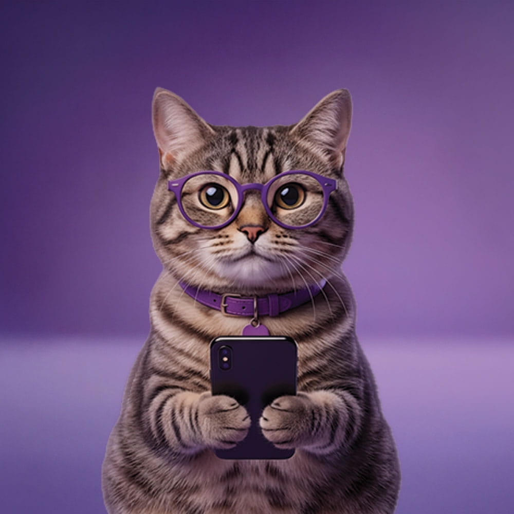cat wearing purple glasses and holding cell phone