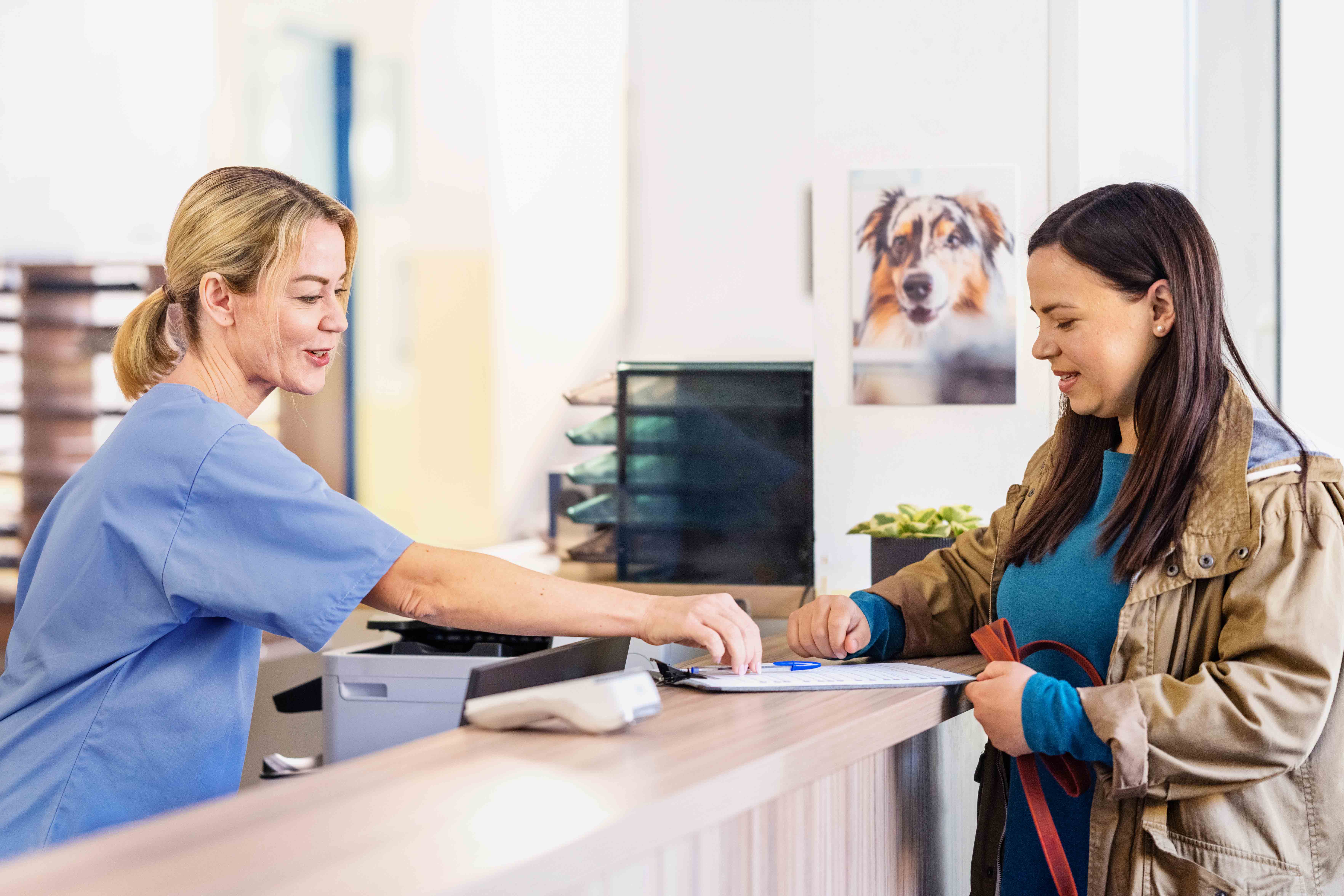 A cheerful woman interacts with a veterinarian receptionist, providing paperwork for her dog's appointment, in a modern clinic setting.